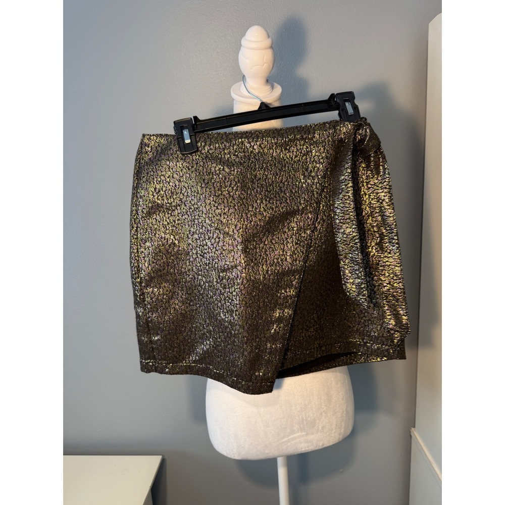 Express Womens Metallic Brocade Faux Wrap Mini Skirt Gold Purple Iridescent Sz 8